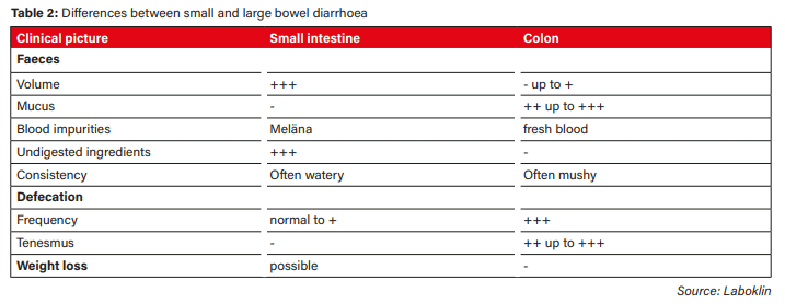 Table with differences between small and large bowel diarrhoea